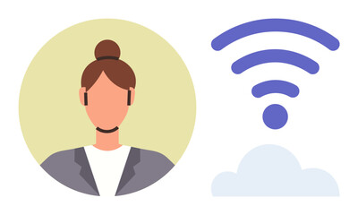 Businesswoman wearing headset for remote work next to wireless signal and cloud, emphasizing connectivity, online communication, customer support, technology, networking, modern work solutions