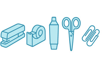 Essential blue isometric stationery items for office and school collection