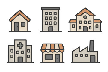 Set of six stylized architectural icons representing residential, commercial, and industrial buildings