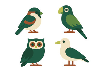 Stylized collection of four wild birds: owl, parrot, sparrow, and seagull on white background