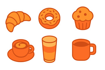 Set of stylized breakfast icons featuring croissant donut muffin coffee and juice glass in orange tones