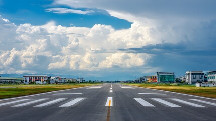Expansive view of an empty airport runway under a vast, dramatic sky filled with fluffy, white cumulus clouds, showcasing lines and markings, leading the eye towards a horizon with buildings, and...