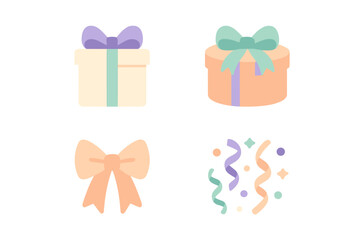 Pastel colored gift boxes, decorative bows, and sparkling confetti elements for celebration