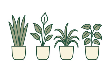 Collection of four stylized potted houseplants in beige containers on a white background