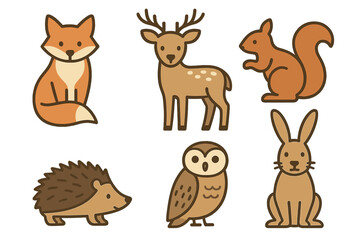 Adorable flat design icons of woodland animals including fox deer squirrel and rabbit