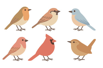 Six colorful stylized common songbirds including cardinal robin and sparrow in flat graphic style