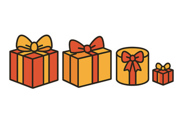 Four brightly colored gift boxes wrapped with ribbons and bows for celebration