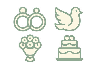 Collection of wedding symbols featuring rings, dove, bouquet, and tiered cake