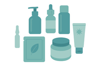 Essential skincare product containers assortment including serum, cream, lotion, and face mask packaging