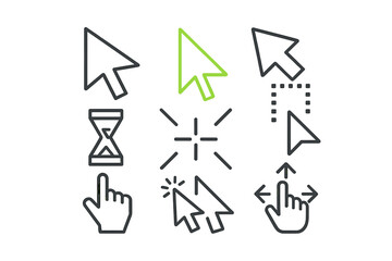 Collection of essential computer interface cursors including default arrow, hand pointer, and selection tools