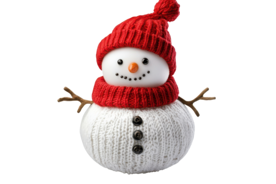 Knitted snowman with red hat and scarf isolated on transparent background. Snowman with red hat isolated on white background.