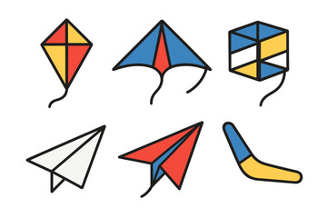 Colorful icons set of flying objects including kites, paper airplanes, and boomerang