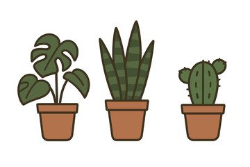 Stylized collection of three different potted indoor plants isolated on white background