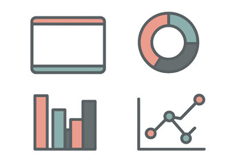 Business data analysis icons showing charts, graphs, and a digital screen interface