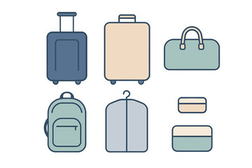 Set of travel luggage items including suitcases, backpack, and duffel bag