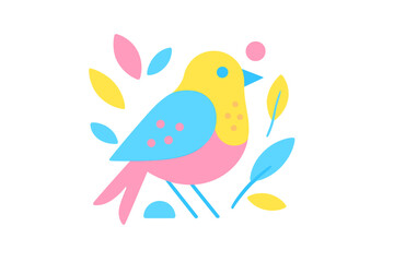 Colorful stylized bird sitting among abstract foliage elements in a bright flat design