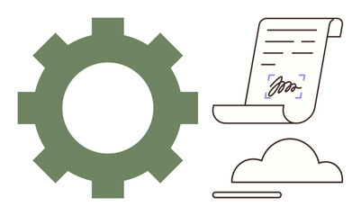 Gear for systems, signed contract on scroll, and cloud suggesting online processes. Ideal for technology, automation, business, contracts, cloud computing workflow digital solutions. Simple flat