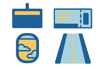 Essential travel symbols collection featuring boarding pass, baggage tag, aircraft window, and road graphic