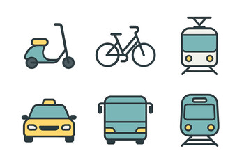 Modern public and personal transportation symbols including bus, taxi, train, scooter, and bicycle