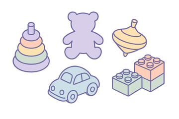 Pastel colored isometric set of children's toys including blocks, teddy bear, and spinning top
