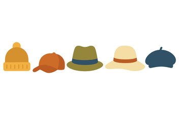 Diverse collection of five colorful headwear items: beanie, cap, fedora, sun hat, and beret