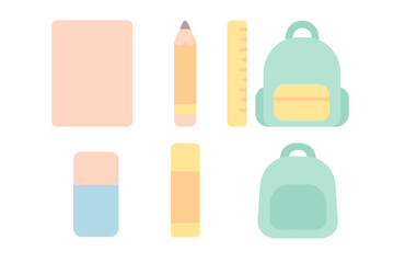 Flat design school supplies icons including backpack book pencil and ruler