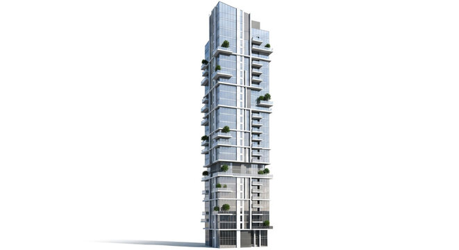Contemporary highrise apartment building with balconies and green spaces isolated on white background showcasing modern urban living and sustainable design