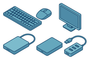 Isometric computer peripherals collection: keyboard, mouse, monitor, external drive, USB hub