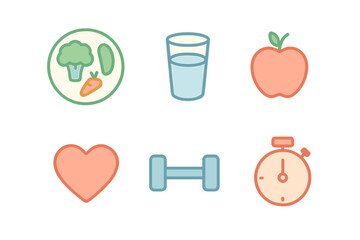 Health and fitness symbols representing nutrition, hydration, exercise, and heart health