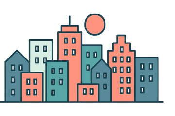 Naklejka premium Minimalist urban cityscape with colorful buildings and a setting sun against a clean white background