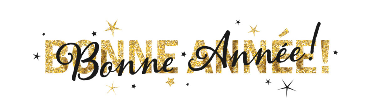BONNE ANNEE (HAPPY NEW YEAR in French) black and gold vector typography banner