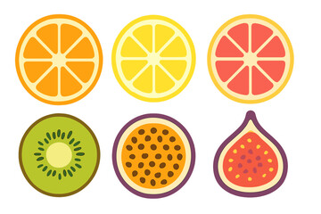 Colorful collection of six tropical and citrus fruit cross sections: orange, lemon, kiwi, fig, grapefruit, and passion fruit