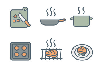 Set of six culinary icons illustrating food preparation, cooking methods, and serving steak