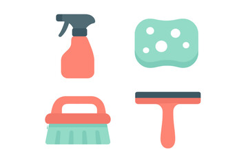 Set of flat design icons depicting household cleaning tools and supplies
