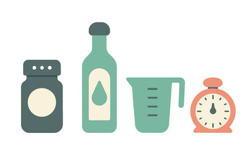 Collection of essential kitchen tools for cooking and baking including spice jar and measuring cup