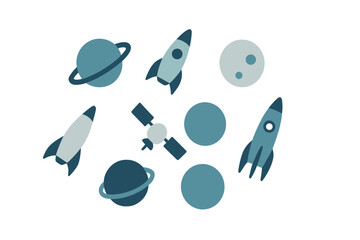 Fototapeta premium Flat graphic icons of space exploration featuring rockets, planets, moons, and satellite