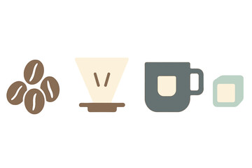 Stylized collection of flat design icons representing coffee beans pour-over filter mug and tea bag