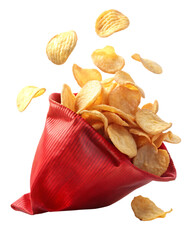 Crispy Potato chips fly out of red bag isolated on white background ,PNG. AI GENERATED.