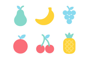 Colorful flat design fruit icons featuring pear banana grapes apple cherries and pineapple