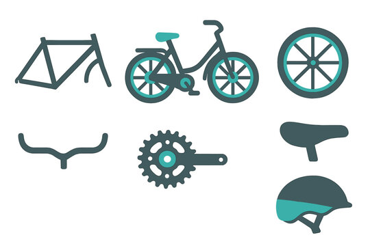 Fototapeta Various bicycle parts and accessories displayed alongside a complete bike silhouette