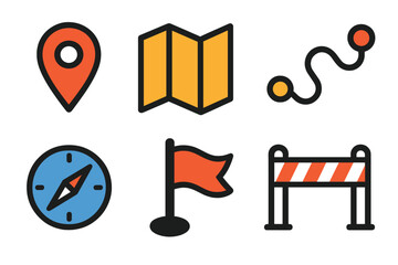 Colorful set of navigation, travel, and location tracking icons featuring map, compass, and route symbols
