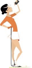 Golf course. Pretty young woman holding golf club and drinking water