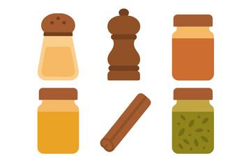Assortment of kitchen seasoning containers and food jars in a modern flat design