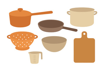 Essential kitchen cooking utensils and equipment set in warm earthy colors on a white background
