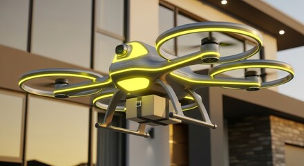  With yellow lightning-speed precision, this AI-powered drone robot swiftly delivers parcels to your home