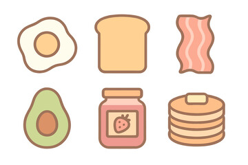 Stylized breakfast food icons set featuring fried egg toast bacon avocado jam and pancakes