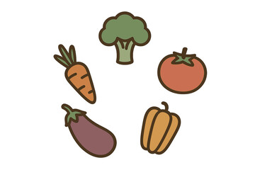Stylized collection of fresh organic vegetables: carrot, broccoli, tomato, eggplant, bell pepper