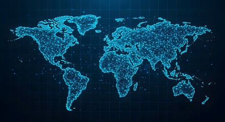 Dynamic digital world map illustrating global network connections and data flow with glowing blue dots and lines across continents, symbolizing interconnectedness and technological advancement