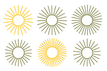 Seamless pattern of stylized sunburst icons with thin rays in yellow and olive green colors