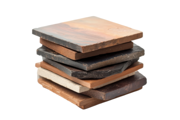 Stack of assorted natural stone tiles isolated on transparent background. Stack of tiles isolated on white background.